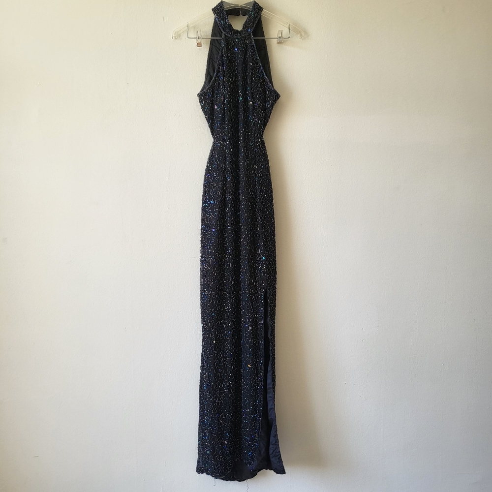 Andretta Donatello Black Beaded Iridescent Vintage Silk Dress Sz Small 90s Prom